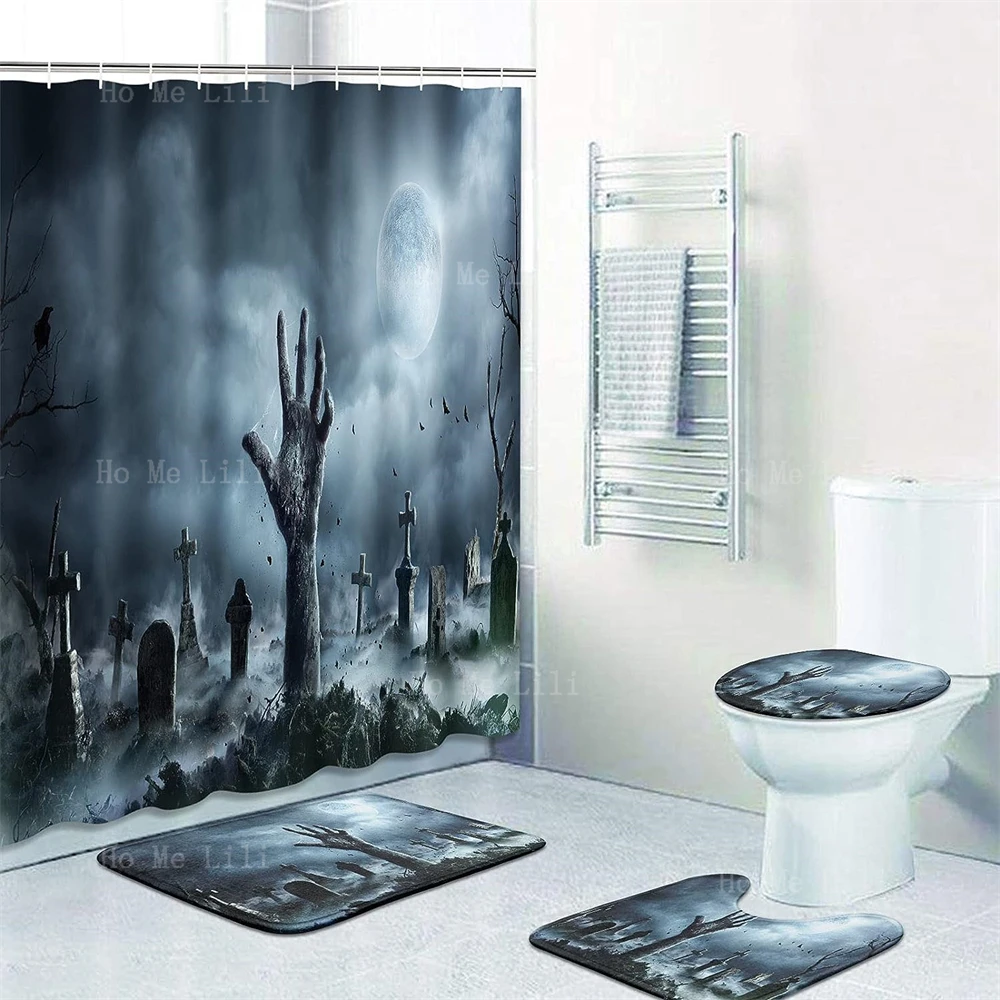 

Shower Curtain Set Zombie Rising Out Graveyard Spooky With Non-Slip Rugs Toilet Lid Cover And Bath Mat Bathroom Decor Set