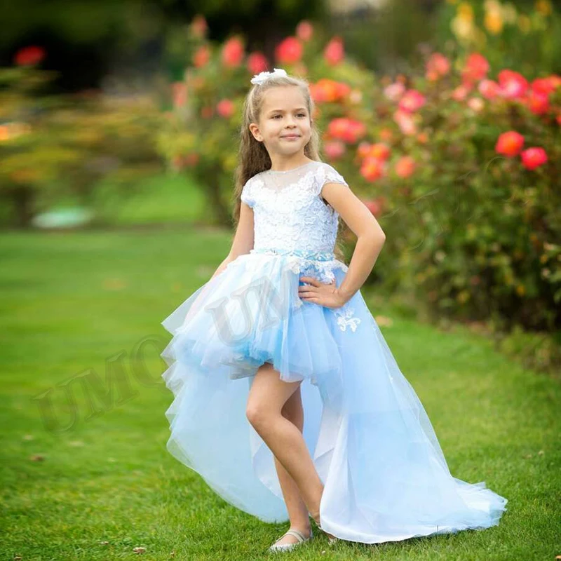 

Lovely Flower Girl Dresses First Comunion Applqiues Belt Toddler Baby Wedding Dresses High Low Costumes Photography Customised