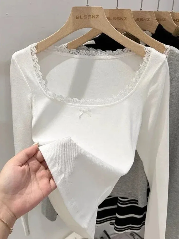 Весенние топы с бантом Y2k женские белые тонкие кружевные квадратным вырезом