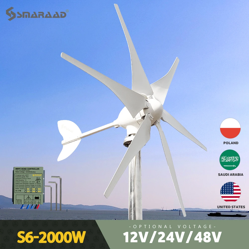 

Smaraad Wind Turbine 2000W 48V 24V 12V with MPPT Controller System Portable Windmills Renewable Energy 6 Blades Household