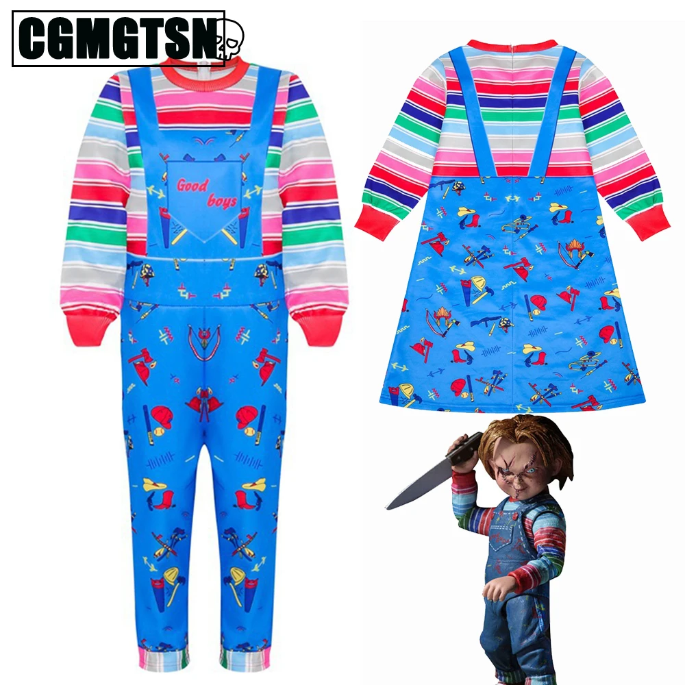 CGMGTSN Kids Halloween Play Chucky Cosplay Costume Boys Girls Cartoon Horror Ghost Doll 3D Printed Long Sleeve Jumpsuits Dress