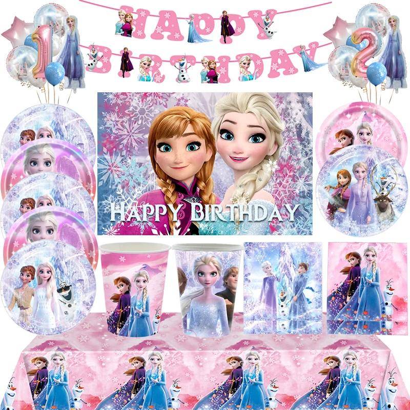 

Disney Frozen Birthday Party Decoration Girl Snow Queen Elsa Anna Theme Party Tableware Cup Plate Napkin Balloons Party Supplies