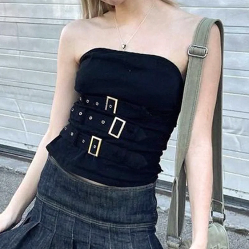 

Black Punk Grunge Crop Top Gothic Retro Streetwear Mini Cardigan Dark Y2K Bandage Buckle Corset Top Women Fashion Sweats 90S