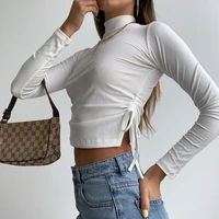 turtleneck long sleeve drawstring ruched womens t shirts fall 2020 solid sexy crop tops streetwear split tees