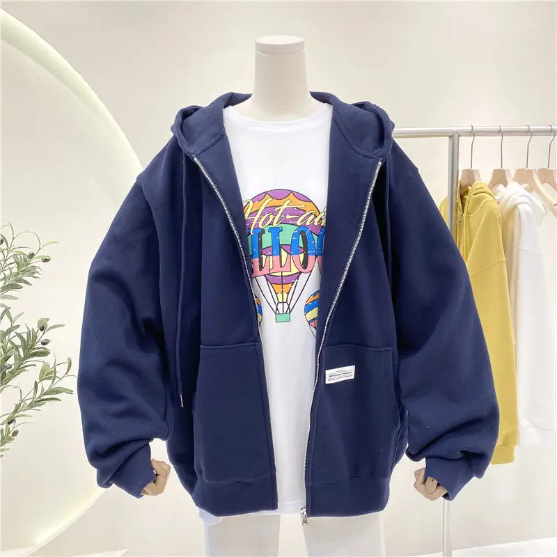 

2022 Plus size Pullovers Hoodies Women Brown Blue Zip Up Sweatshirt Summer Jacket oversize Clothes Vintage Pockets Tops