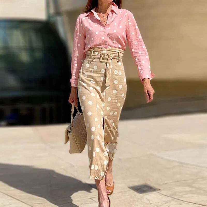 

Elegant Polka Dot Print Shirt + Long Skirt Suits Women Long Sleeve Lapel Button Tops 2pcs Set Fashion High Waisted Office Sets