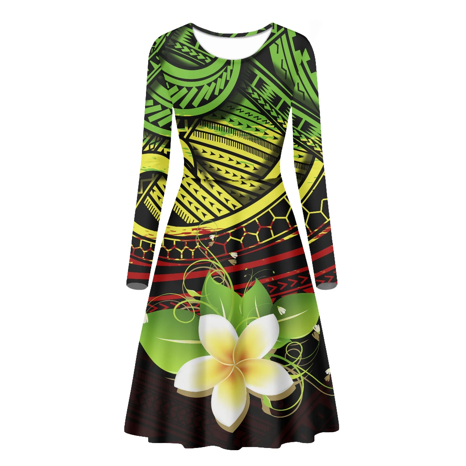 

Cumagical Polynesian Maori Tattoo Traditional Tribal Print Long Sleeve A-Line Midi Party Dress Womens Casual Dress 2022