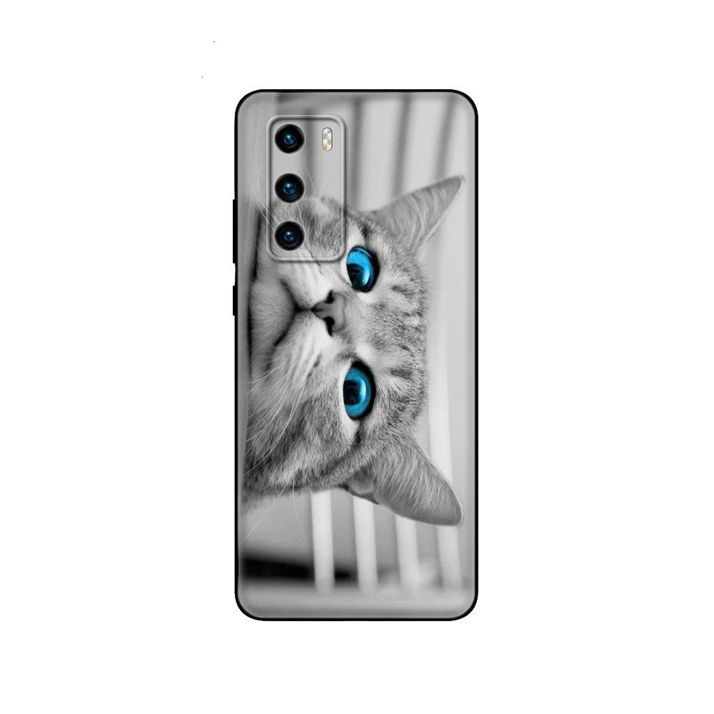 Black tpu Case For Huawei P30 Lite P30 Pro P40 Case For Huawei P40 LITE E P Smart 2020 Case Cover cat kitty blue eyes animal images - 6