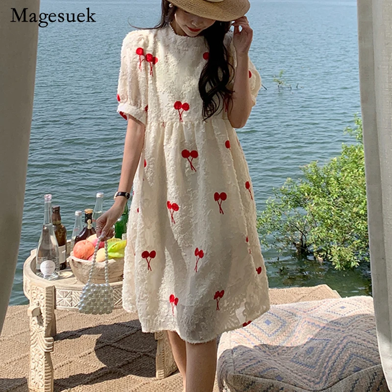 

Корейское летнее повседневное свободное платье с принтом вишни, винтажные облегающие платья до колен с бантом, женское милое элегантное же...