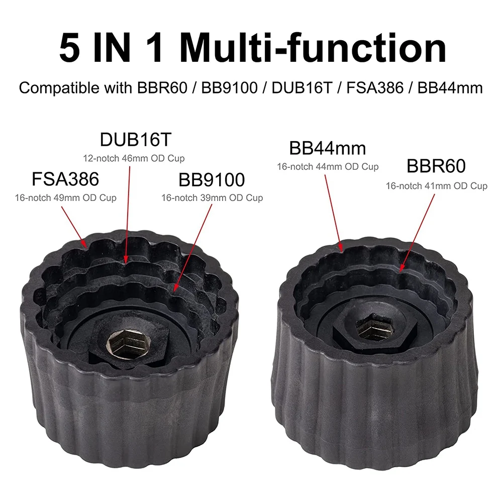 

5 in 1 Bike Bottom Bracket Tool 12/16-Notch 39/41/44/46/49mm for Shimano BBR60, BB9100, SRAM Dub 16T, FSA386, Hollowtech
