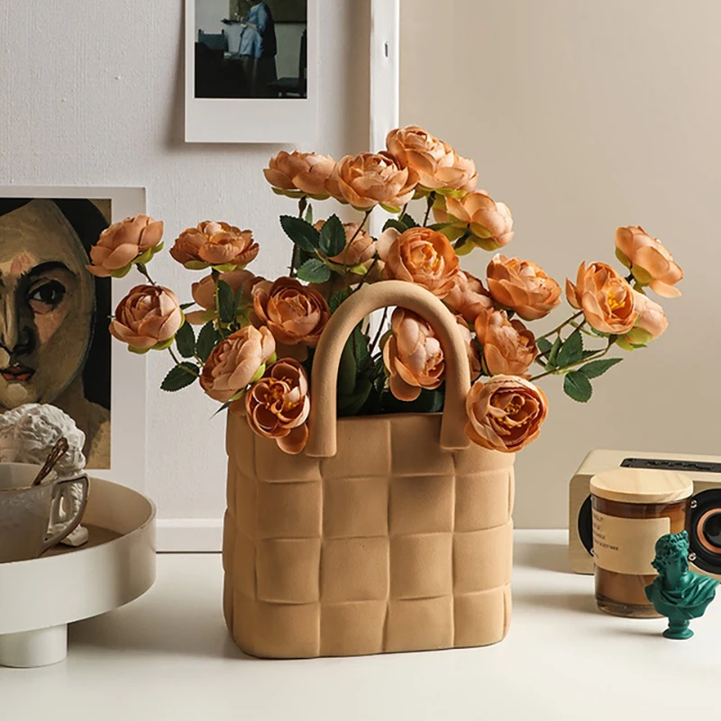 

1Pcs Nordic Morandi Creative Handbag Ceramic Vase Flower Arrangement Entrance Desktop Ornaments Home Decoration