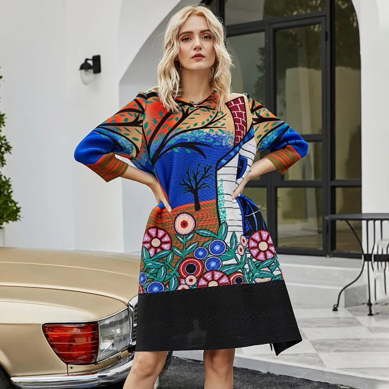 

SuperAen 2022 New Loose Oversized Printing O Neck Lace Up Three Quarter A-LINE Casual Dress Women
