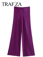 traf za retro fashion loose womens wide leg pants casual elastic waist knit versatile solid color long ladies flared pants