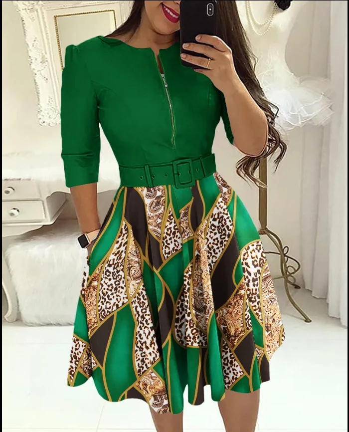 

2023 Autumn New Women's Dress Fashion Street Trendy Women's Round Neck A-line Dress Casual and Elegant Women's Dress (Belt)