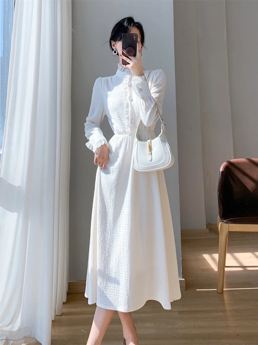 RosEvans White Temperament Gentle Wind Women Dress Cinched Waist Slim Half High Collar Thick Autumn Winter 2023 Long Skirt New