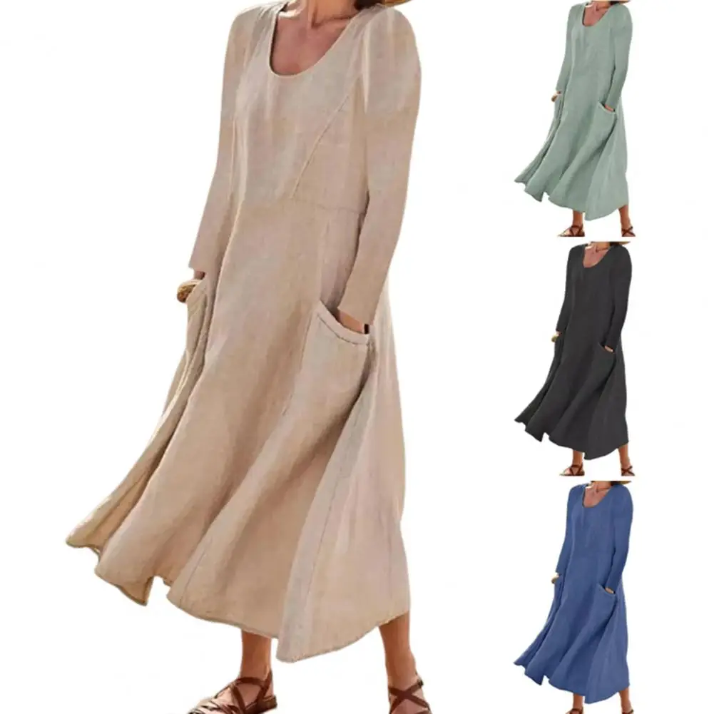 

Short Sleeve Women Dress A-LINE O-Neck Loose Waist Pocket Mid-calf Lady Dress Casual Loose