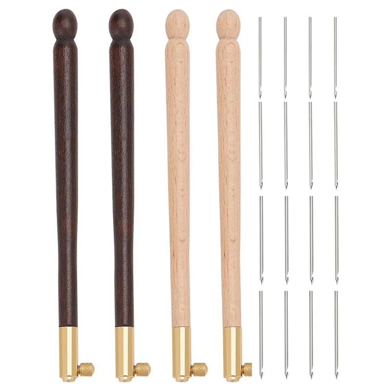 4 Pcs Tambour Hooks Kit With 12 Needles Embroidery Crochet Wooden Handle Sequin Beads Needle Set
