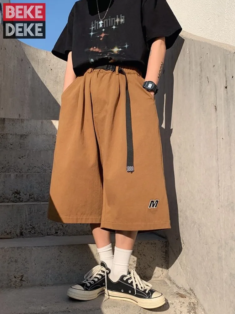 

Hip Hop Straight Short Men Elastic High Waist Casual Cargo Shorts Summer Streetwear Japanese Style Mid Calf Harajuku Trousers