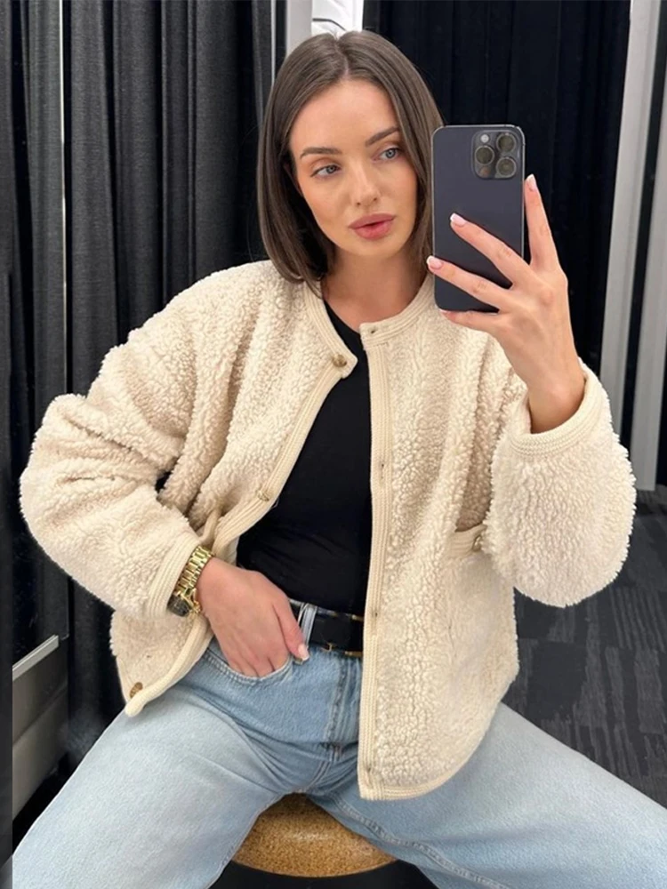 

Женская модная элегантная однотонная плюшевая куртка с длинным рукавом и круглым вырезом, Повседневная Свободная однобортная укороченная теплая куртка, Клубная уличная одежда 2023