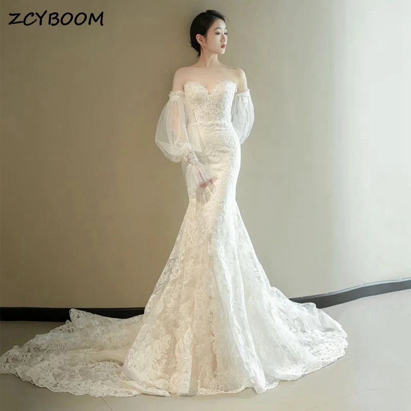 Свадебные платья русалки с открытыми плечами и кружевными пышными рукавами по