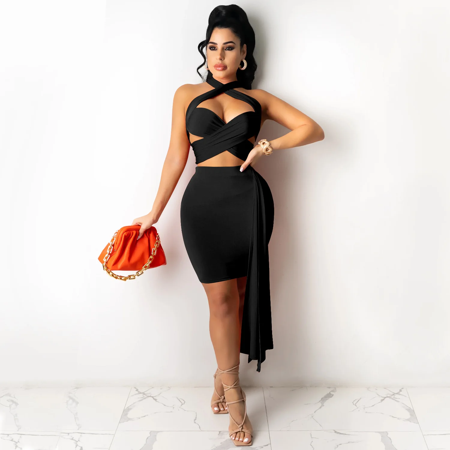 

2022 Summer New Ladies Hollow Top Mid Skirt Two Piece Tight Chic Elegant Sexy Party Dress Mid Skirt