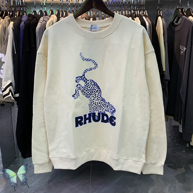 

RHUDE Leopard Logo Print Terry Sweatshirts Men Women Oversize High Quality Black Leopard Hoodie Sweatshirts