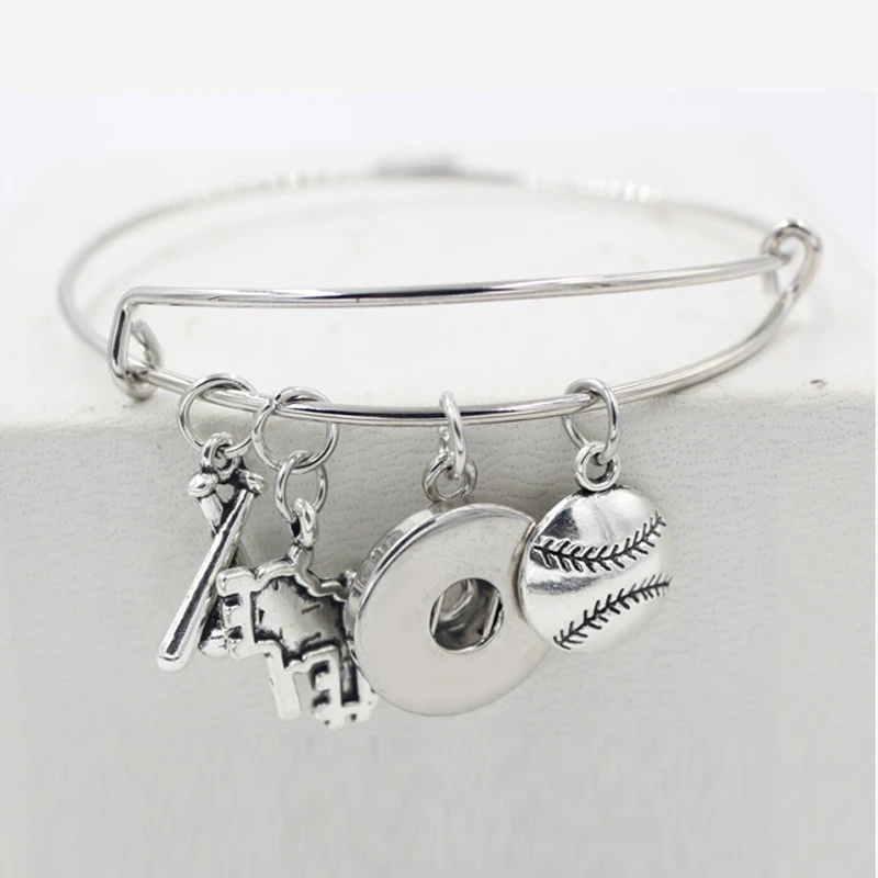 Free Shipping 10PCS Wholesale Sport Baseball Charms Bracelets Expandable Bangle 18mm Snap Jewelry  for Women Baseball Fans Gift