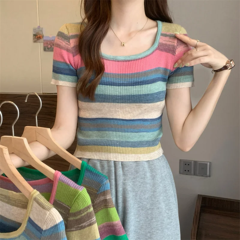 

Korean Women Summer Square Collar Knitted Pullover Female Short Sleeve Rainbow Stripe Patchwork Slim Sweater Tops