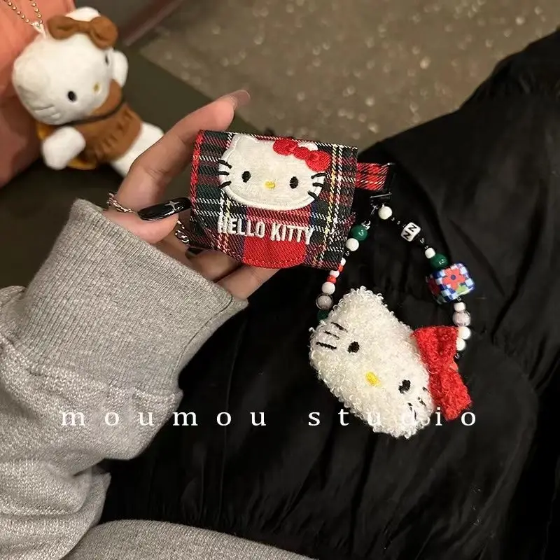

Kawaii Sanrio Anime Hello Kitty Plush Pendant Cute Cartoon Embroidery AirPods Grid Lovely Bag Keychain Flip Beading for Girls
