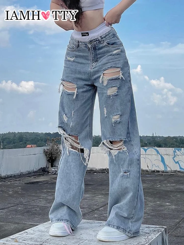 

IAMHOTTY Distressed Ripped Hole Wide Leg Jeans Women Y2K Straight Mom Denim Trousers Vintage Grunge Pants Chic Streetwear Casual