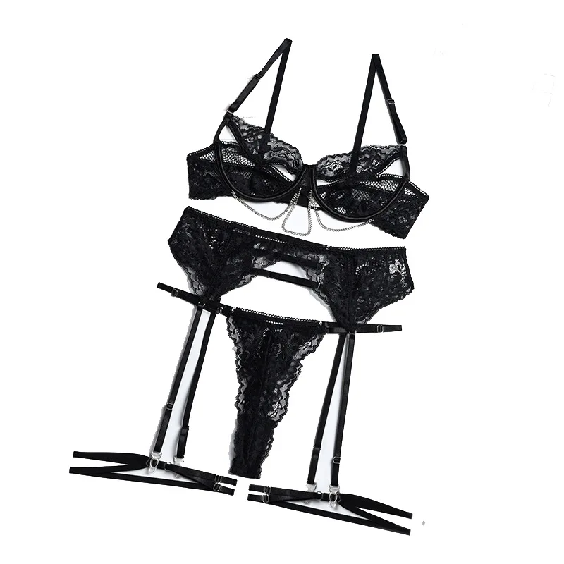 

2022 Europe and the United States sexy metal chain lace perspective slim fit gathered low chest body shaping underwear set