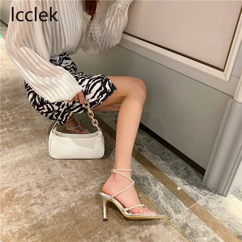 Luxury Rhinestones Pearls Women Pumps Fashion Transparent PVC Ankle strap Sexy Party High heels Spring Summer Wedding Prom Shoes