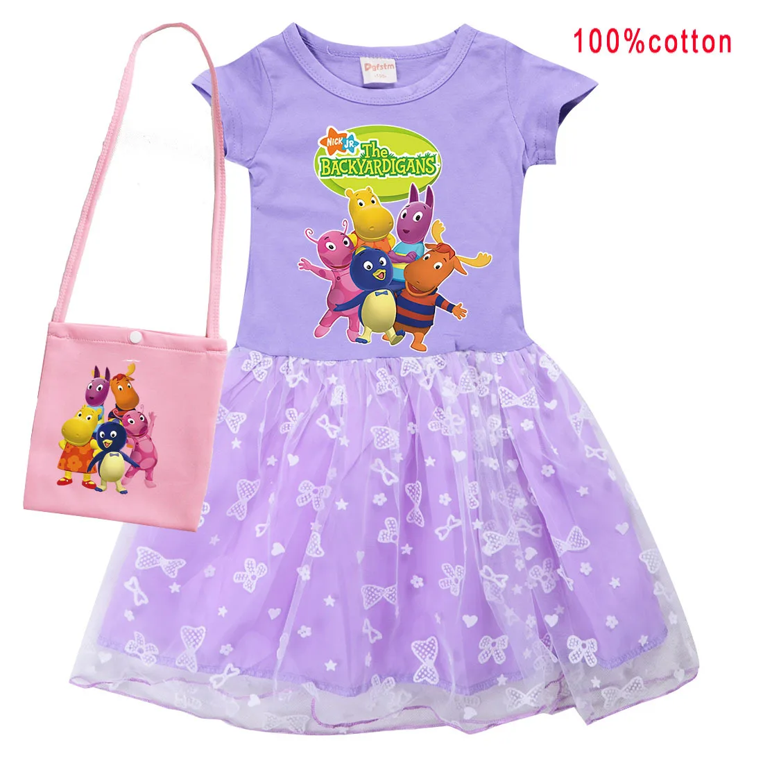 Children‘s Backyardigans Clothes Toddler Girls Lace Princess Dresses with Small Bag Kids Summer Short Sleeve Wedding Party Dress