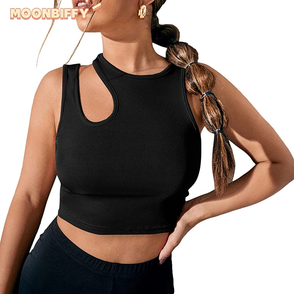 

2022 Sexy Rib Knit Women's Cutout Tank Top Crop Top T-Shirt Round Neck Slim Fit Casual Basic Skinny Vest Sleeveless Y2K