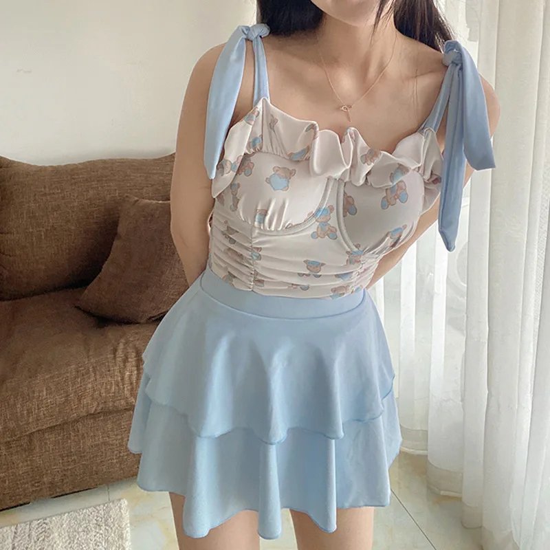 

Korean Style Women Swimming Suit Cute Traditional Monokini Padded Swimwear Summer Beach Wear Belly Hidden Bathing Suit Dropship