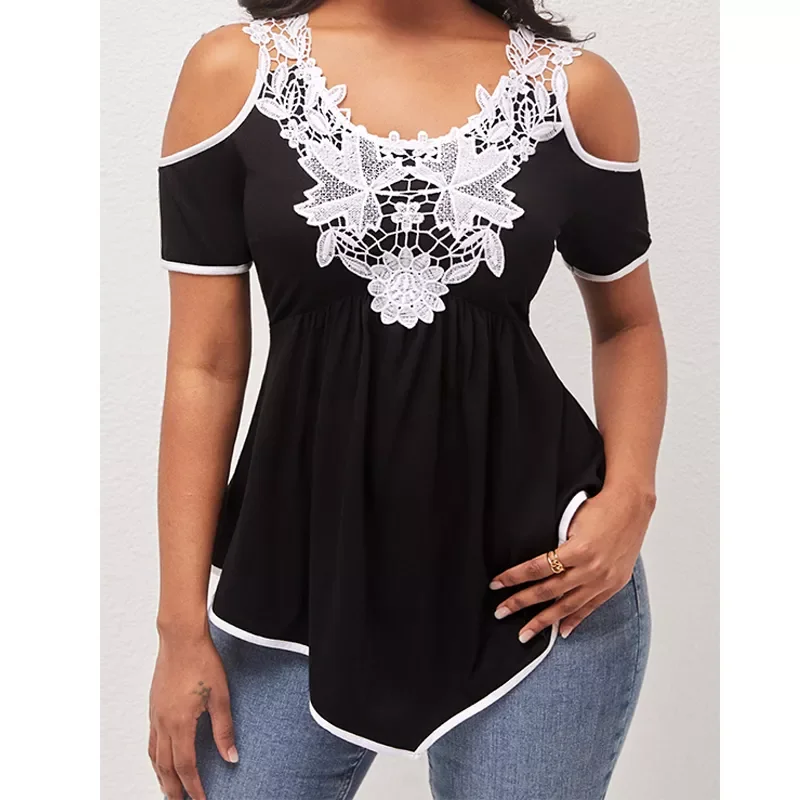 

2022NEW Tshirts Fashion Lace Patchwork Off Shoulder Tops Casual Streetwear T-shirt Summer Hot Sale womens tops Aesthetic Clothes