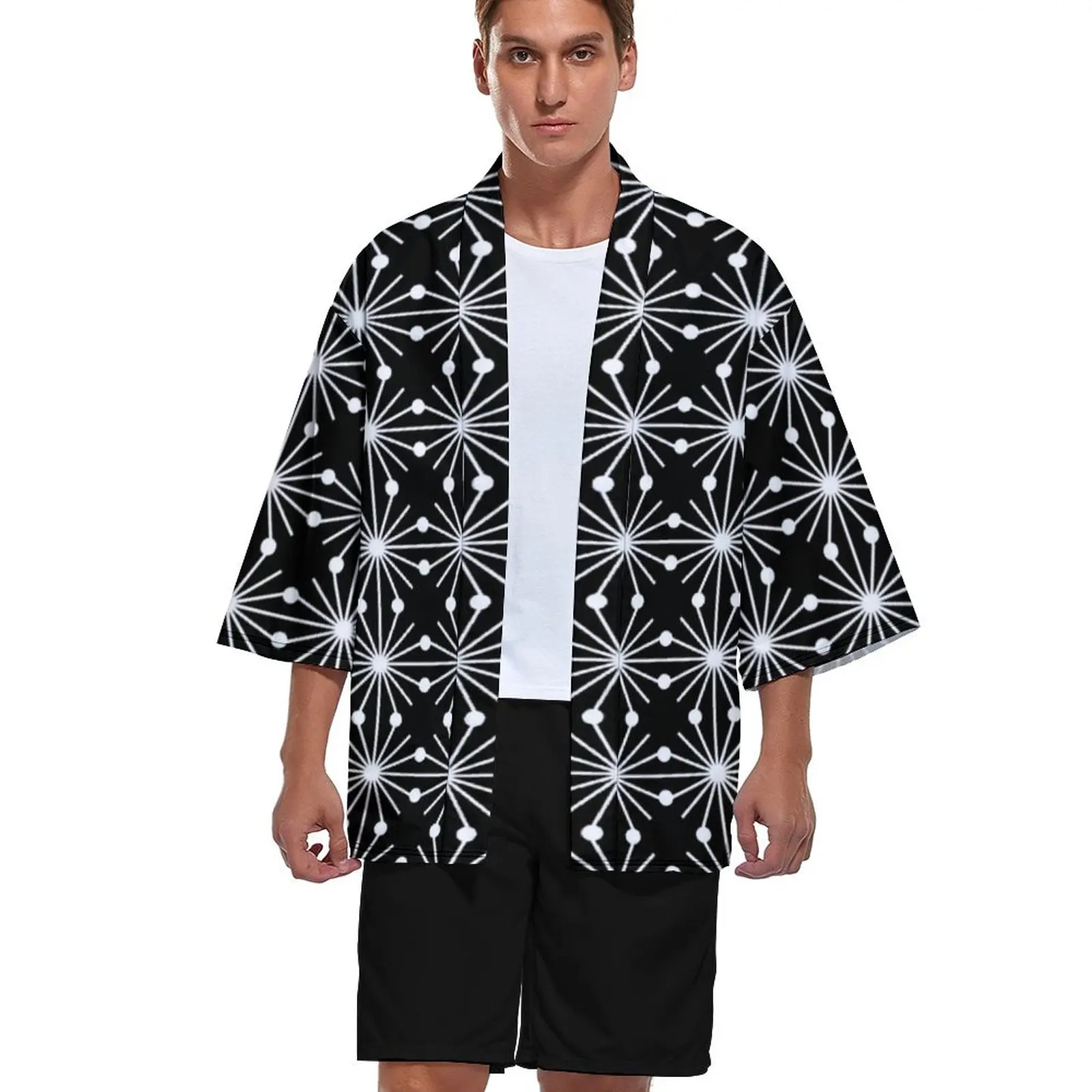 

Кардиган-кимоно с абстрактным геометрическим рисунком, черно-белая стильная рубашка, рубашка оверсайз для мужчин и женщин