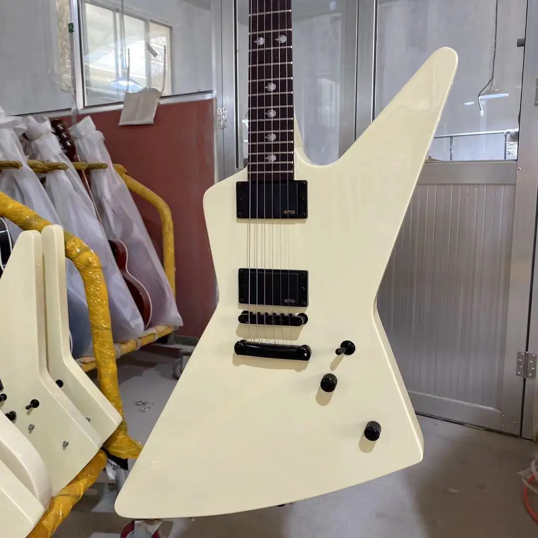 White Explorer Electric Guitar Inlay EMG Pickups Black Hardware Mahogany Body images - 6