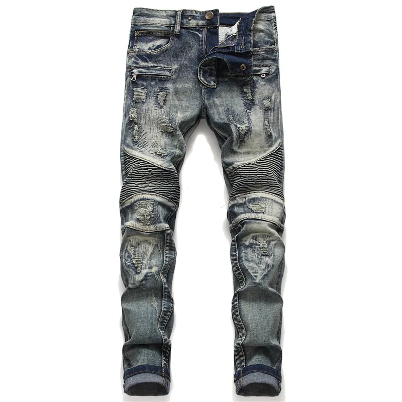 

Biker Skinny Jeans Men Jean Homme Denim Ripped Spijkerbroeken Heren Stretch Pants Slim Fit Trousers Locomotive Hip Hop Fashion