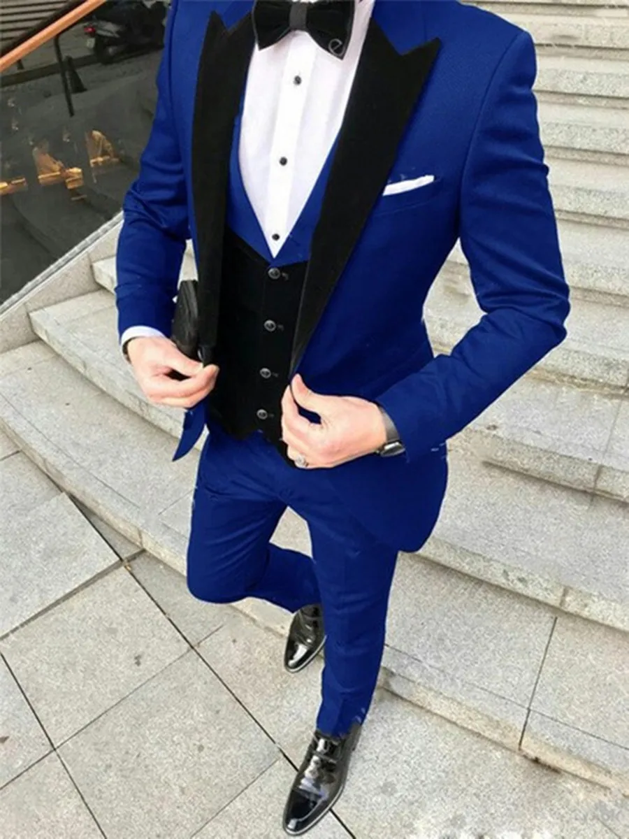 2022 Royal Blue Blazer Pants Black Vest Business Suits Causal Suits Groom Tuxedos For Wedding Terno Masculino Costume Homme 2PCS