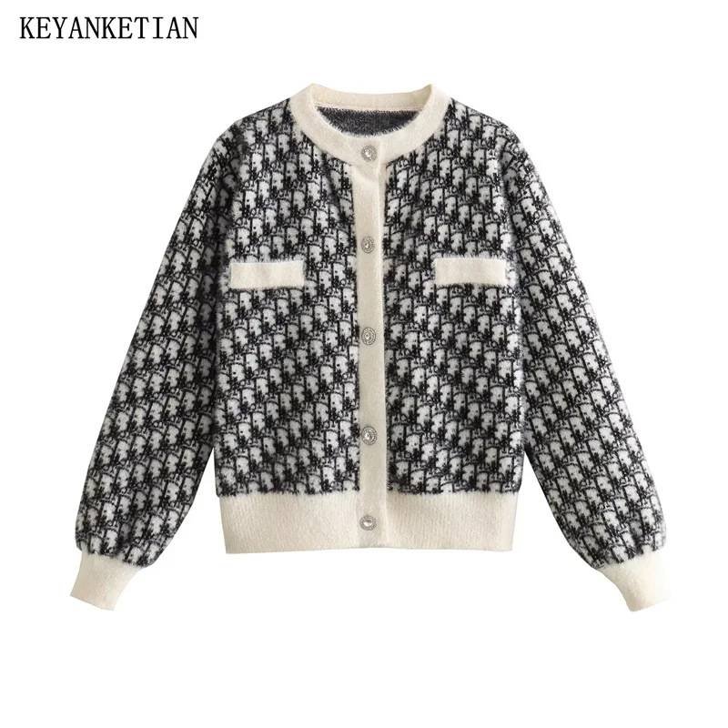 

Женский трикотажный жаккардовый кардиган KEYANKETIAN с геометрическим рисунком, однобортный мягкий укороченный свитер с круглым вырезом, Осень-зима