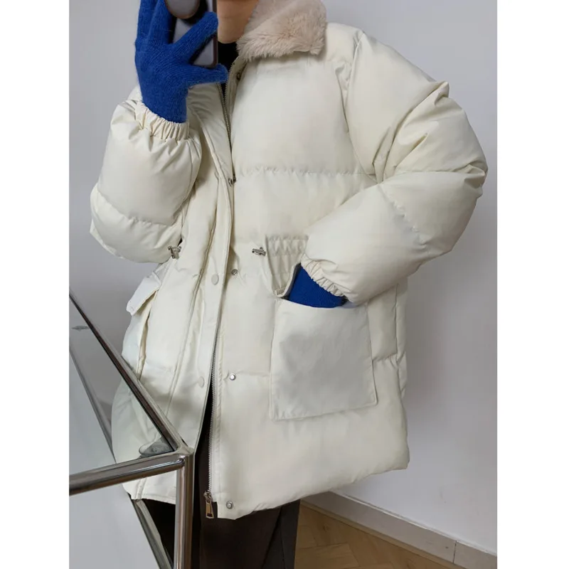 Winter Women Adjustable Waist Down Padded Jacket Faux Rabbit Fur Lapel Collar Windproof Pleated Waist Thicken Warm Coat 2022