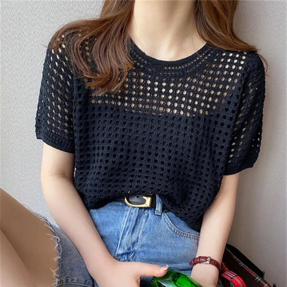 

Chic Summer Top Thin Stretchy See-Through Hollow Out Knitted Top Breathable Knitting Top Female Clothing