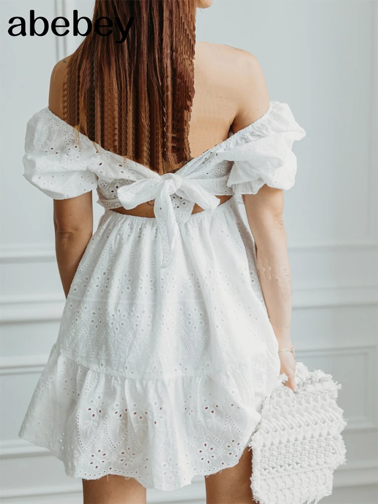 

Lace up hollow out knot summer white dress women Holiday casual high waist ruffled mini dresses A-line frills vestido