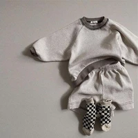 2022 spring summer new baby loose long sleeve sweatshirt shorts 2pcs set children casual pullover suit baby waffle clothes set