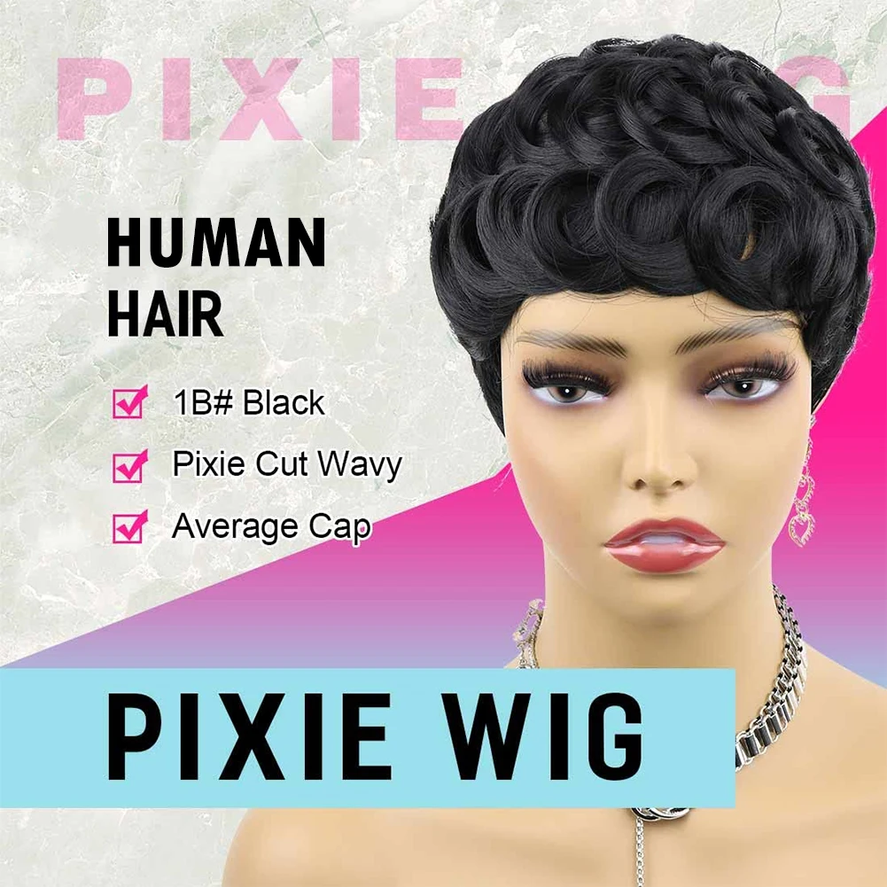 Short Pixie Cut Human Hair Wigs Brazilian Remy Hair Short Curly Layered Wavy Wigs For Black Women 150% Density Natural Black Wig