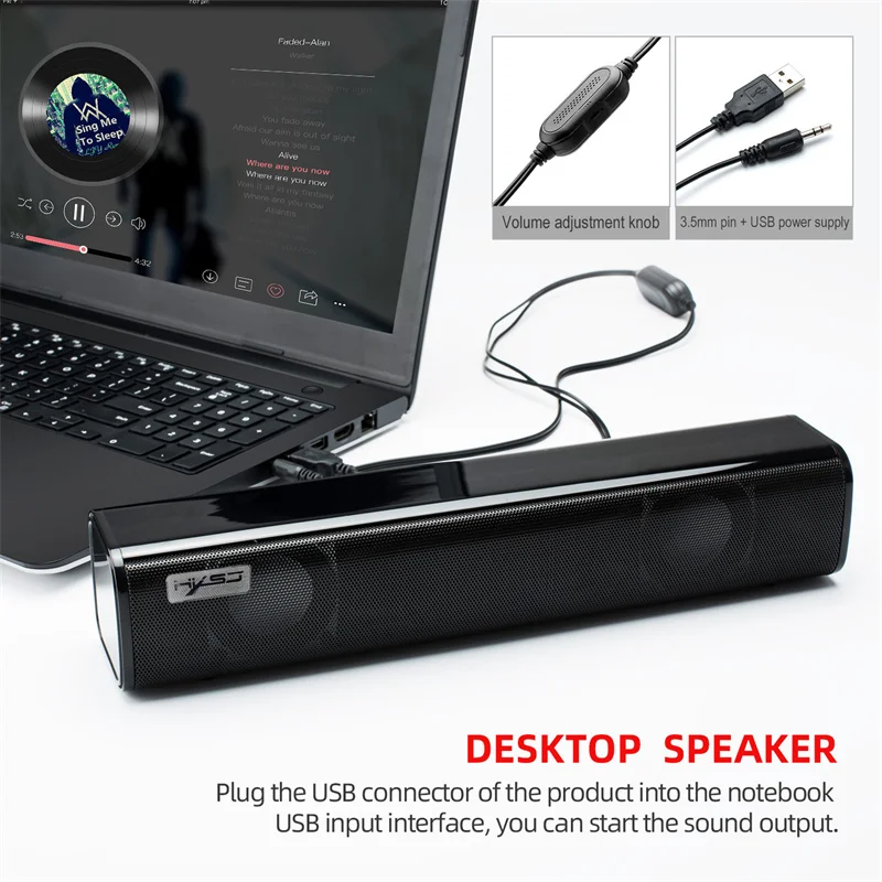 Hifi Desktop USB Wired Speaker Mega Bass Stereo Soundbar AUX Subwoofer for Home Office Computer PC TV Laptop Projector Dual Horn