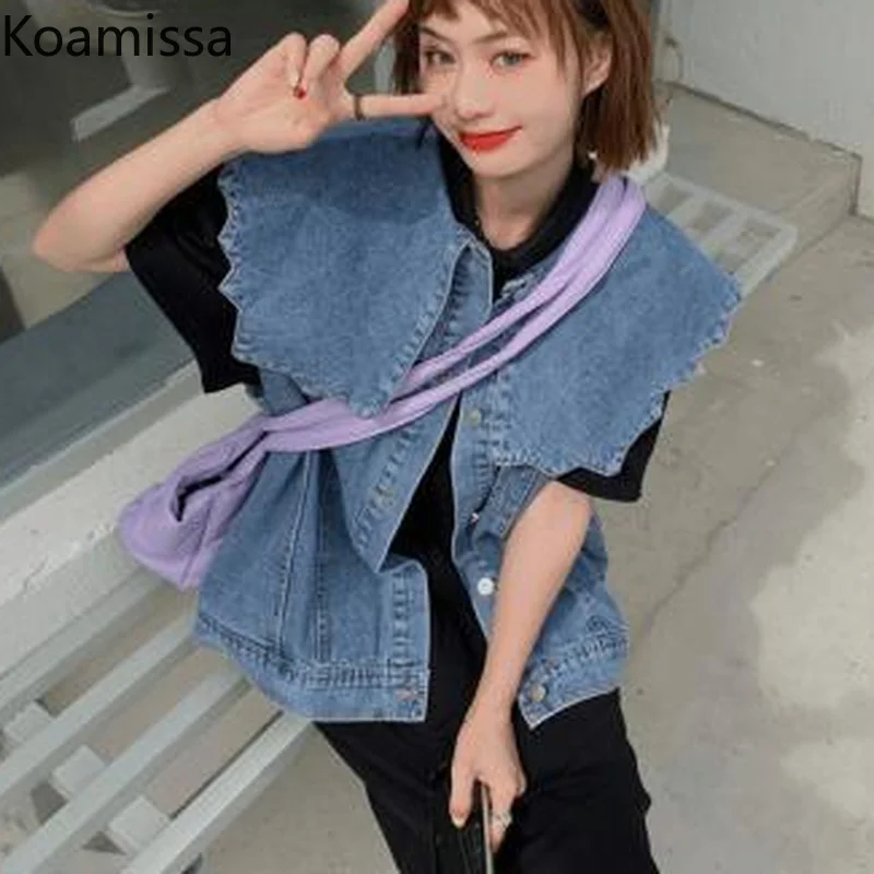 

Koamissa Kawaiii Women Jeans Vest Spring Autumn Chic Fashion Denim Tanks Single Breasted Sleeveless Solid Loose Camisole Korean