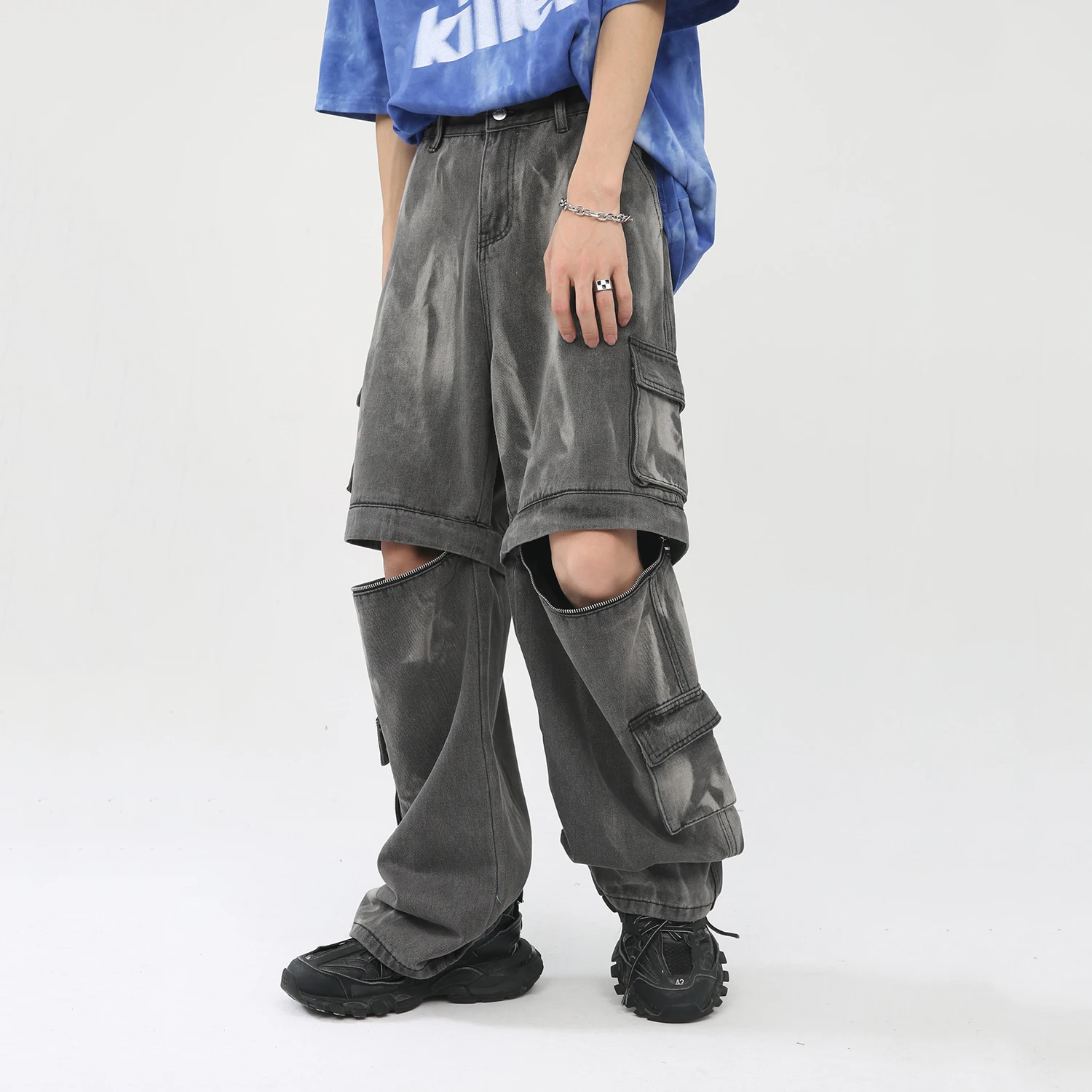 Jeans Men Four Seasons Detachable Hip Hop Loose Jeans Multi Pocket Tie Dye Washed Workwear Retro Loose Pants Ins Hot Sale JEANS