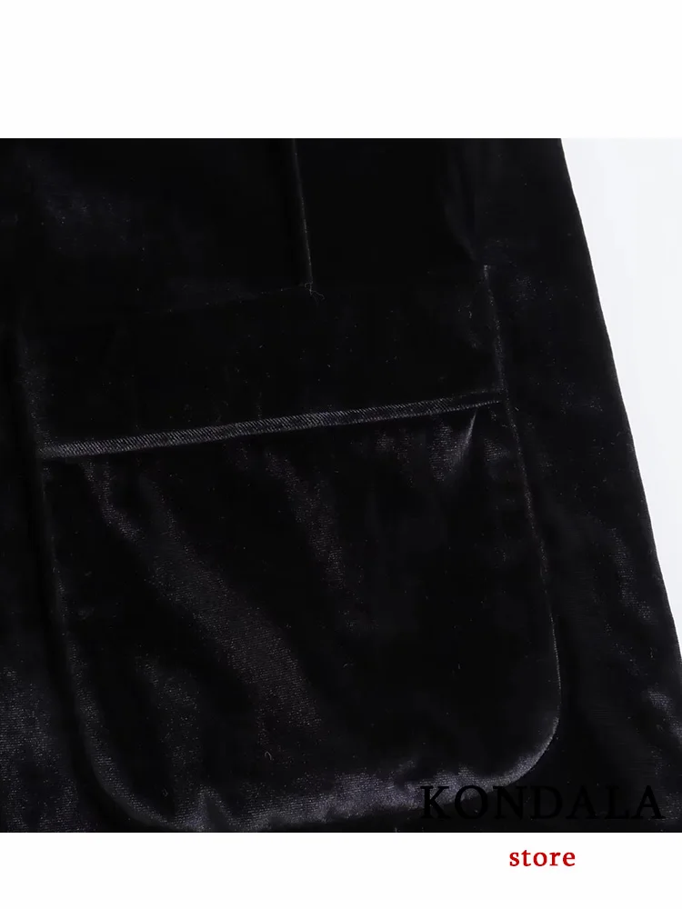 Винтажный шикарный женский бархатный блейзер KONDALA черный однотонный с V-образным